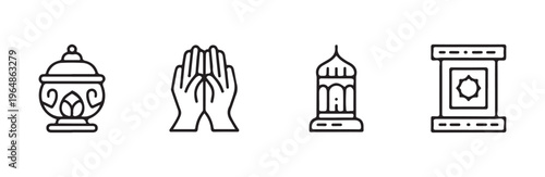Set of islamic icons food lantern prayer hands and quran scroll line art style for ramadan eid