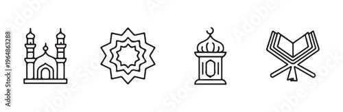 Set of islamic icons mosque islamic pattern lantern and quran rehal line art style for ramadan eid