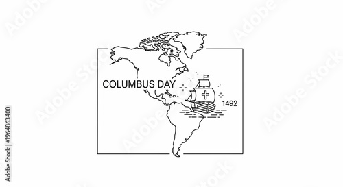 Outline drawing of American continents with historic sailing vessel commemorating the 1492