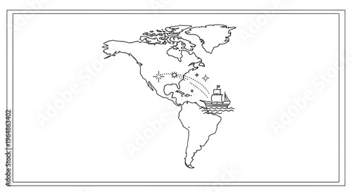 Historic maritime exploration journey to the Americas with conceptual map and vessel outline
