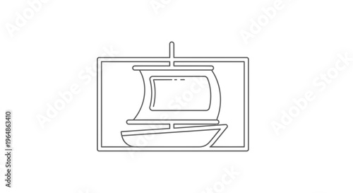 Minimalist one-line art of a sailing vessel in a rectangular frame evoking maritime adventures and