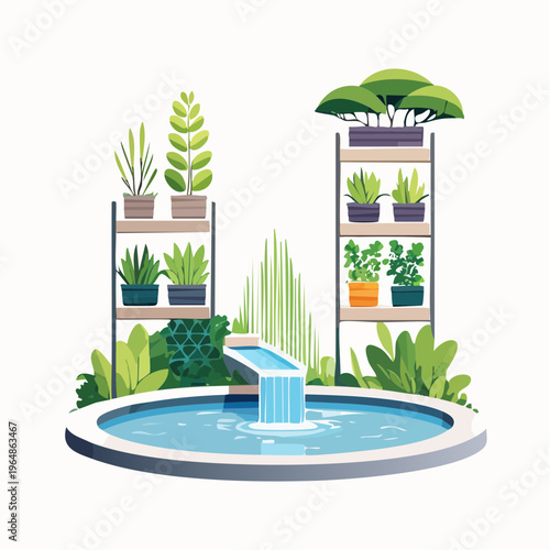 Serene Outdoor Fountain With Lush Green Plants And Indoor Botanical Shelf Arrangement In A Peaceful Garden Setting