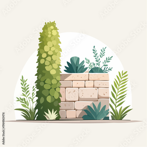 Tall Green Bush Beside Stacked Light Brown Stone Wall with Various Green Plants and Leaves Around on a Light Background