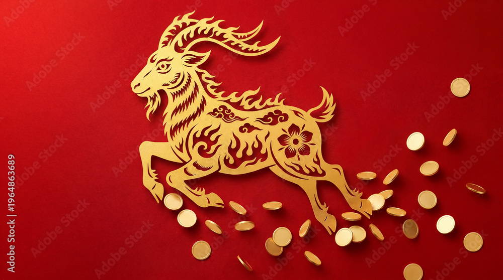 Fototapeta premium Golden Year of the Goat 2027 Chinese New Year Background with Gold Coins