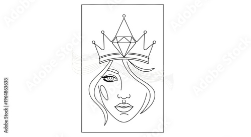 Elegant line art portrait of a woman wearing a magnificent diamond crown depicting regal beauty
