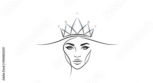 Elegant minimalist line art of a beautiful woman's face wearing a sparkling geometric crown