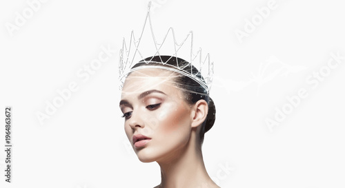 Digital mind crown adorning a serene female visage, blending future elegance and sophisticated