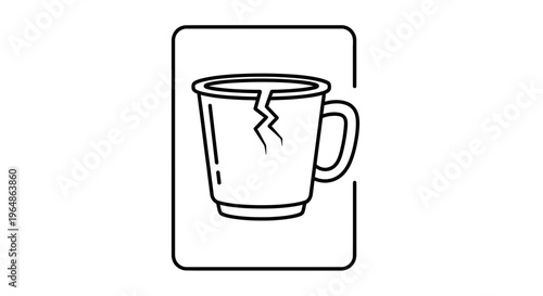 Minimalist graphic icon depicting a broken ceramic mug with a visible crack, symbolizing fragility