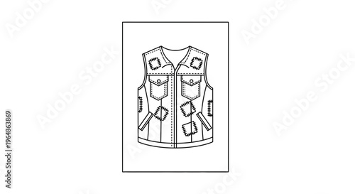 A distressed utility vest line art illustration featuring multiple stitched fabric patches for a