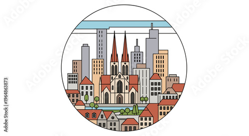 Colorful Cityscape with Church and Buildings.