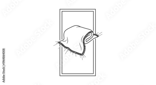 Minimalist line art illustration of a rolled textile with fringes in a simple rectangular frame