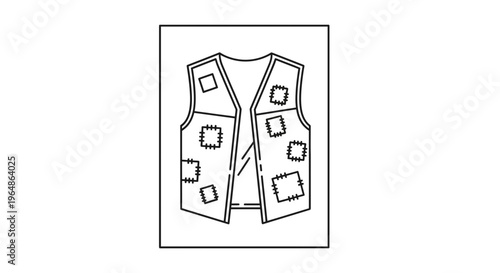 Stylized outline drawing of a sleeveless vest adorned with multiple mended fabric patches