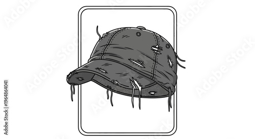 Gritty illustration of a heavily distressed baseball cap, showcasing urban resilience and worn-out