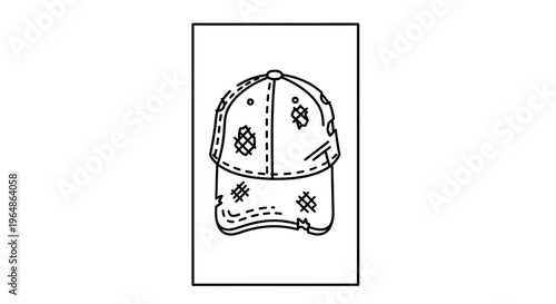 Minimalist black outline drawing of a worn and tattered baseball hat representing rugged fashion