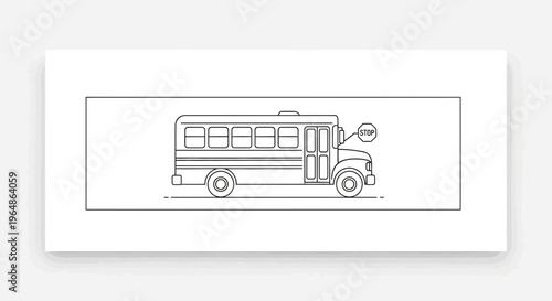 Minimalist black and white outline drawing of a classic educational school bus with an extended