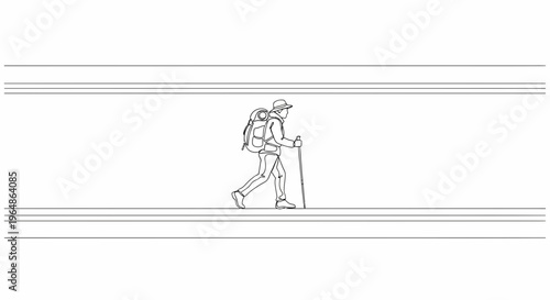 Solo trekker with gear embarking on an outdoor adventure depicted in simple line art style