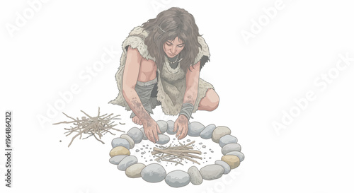 Woman building stone circle structure.