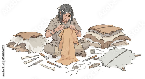 Woman working on animal hide sewing.