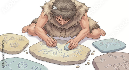 Caveman drawing on stone tablet.