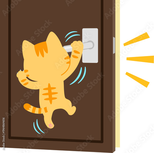 ドアノブにぶら下がってドアを開けるトラ猫