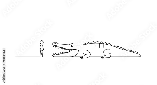 Human confronts a colossal open-mouthed alligator in simple line art, depicting an overwhelming