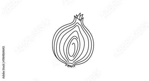 Minimalist monochrome line art of a halved onion revealing its concentric internal layers