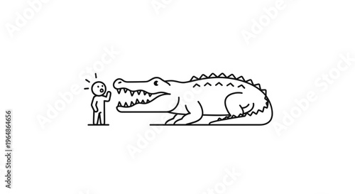 Encountering an enormous predator, a tiny person confronts a massive alligator, illustrating a