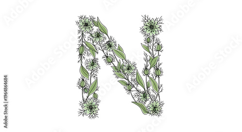 Elegant floral letter N illustration with delicate green botanical elements for decorative design