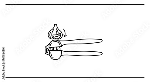 Minimalist line illustration depicting a kitchen garlic press crushing a fresh clove for culinary