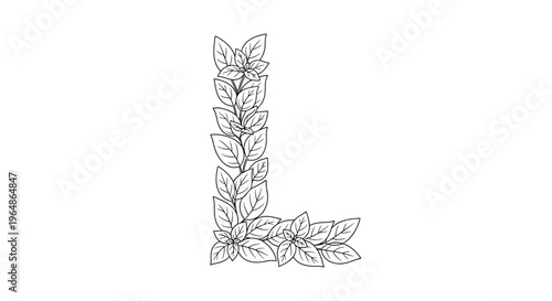 Elegant botanical alphabet letter L formed by interwoven leaf patterns in detailed outline