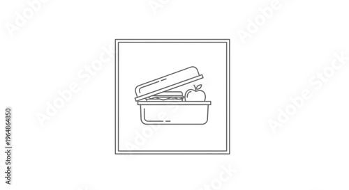 Minimalist line art illustration of an open lunchbox containing a healthy sandwich and fresh apple