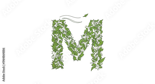 Vibrant botanical interpretation of the Spanish letter Ñ formed entirely from lush green leaves