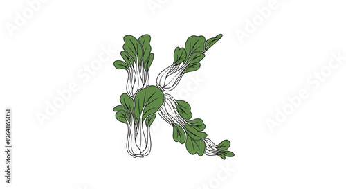 Artistic illustration of a stylized letter K formed entirely from fresh green bok choy plants