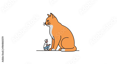 Enormous orange feline companion towering over a tiny human in a charming illustrative style