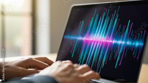Hands typing on laptop with sound wave.