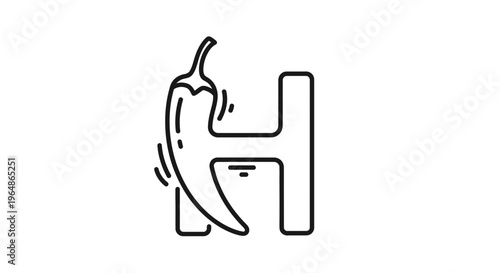 Dynamic black outline illustration of initial H with a fiery chili pepper design element