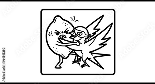 Furious Citrus Confrontation with Masked Avian Combatant in Stylized Cartoon Art