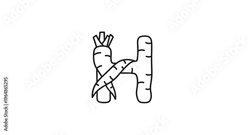 Whimsical line art illustration of the letter H crafted entirely from fresh garden carrots