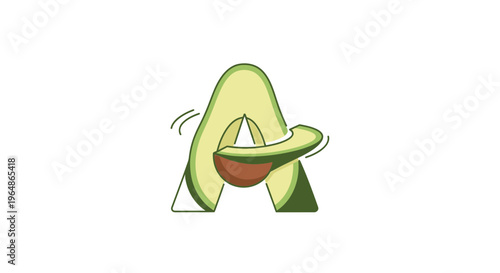 Minimalist avocado illustration forming the letter A with a fresh green fruit slice and pit design