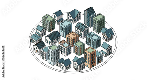Isometric Cityscape with Various Buildings and Homes.