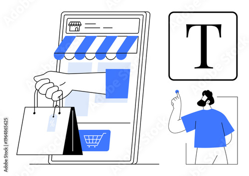 E-commerce, online shopping, digital marketing, retail business, mobile commerce, user engagement. Hand with shopping bags emerging from smartphone. E-commerce and online shopping concept