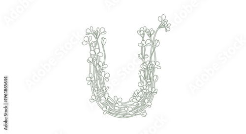 Elegant botanical capital letter U design with delicate leafy tendrils and small blossoms, perfect