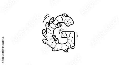 The letter G shaped from ginger root illustration featuring spicy essence design element