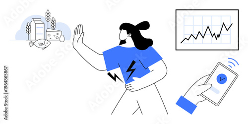 Food allergies, health monitoring, data analysis, nutrition awareness, healthcare trends, diet planning. Woman rejects allergenic foods while holding her abdomen. Food allergies and health monitoring
