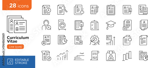 Curriculum vitae and resume line icon set with recruitment workflow, candidate screening, hiring process, interview, HR analytics and career growth symbols