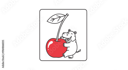 A charming cartoon hippo character gleefully embracing a vibrant red cherry with playful enthusiasm
