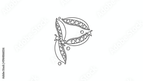 Stylized letter P formed by three open pea pods with fresh green peas line art illustration