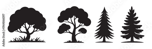 Collection of silhouette vector icons representing different types of deciduous and evergreen trees