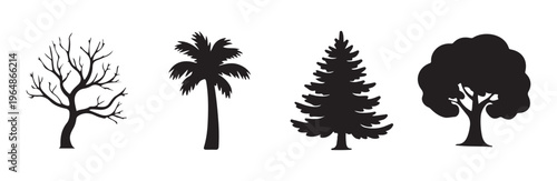 Four distinct tree shapes in silhouette featuring bare palm conifer and leafy forms on white