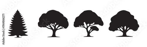 Group of various tree silhouettes including pine broadleaf and palm for landscape visualization
